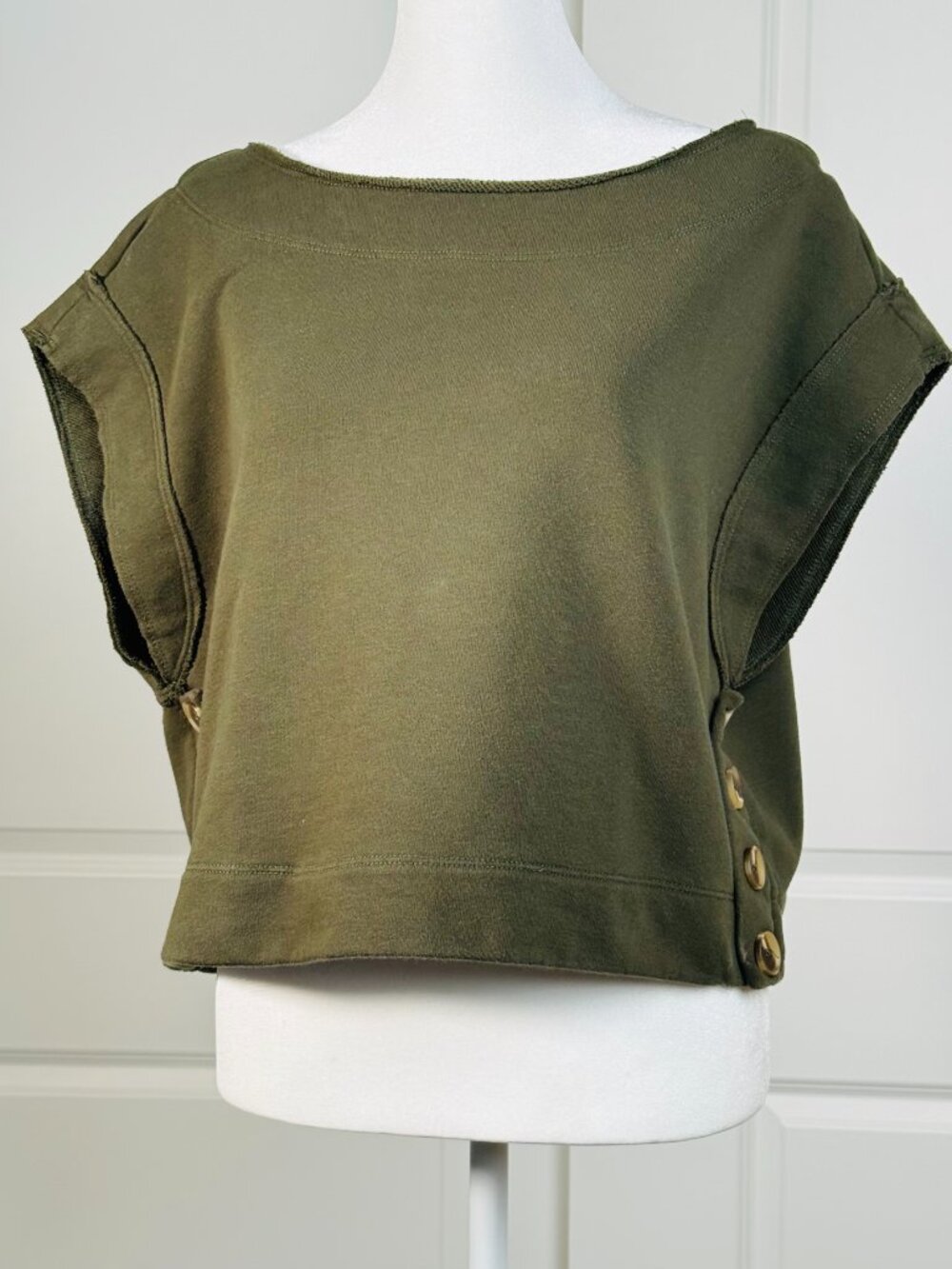 ANTHROPOLOGIE Drop-Shoulder Crop Top, Short Sleeve, Moss Green, Women's Size M - Picture 2 of 4
